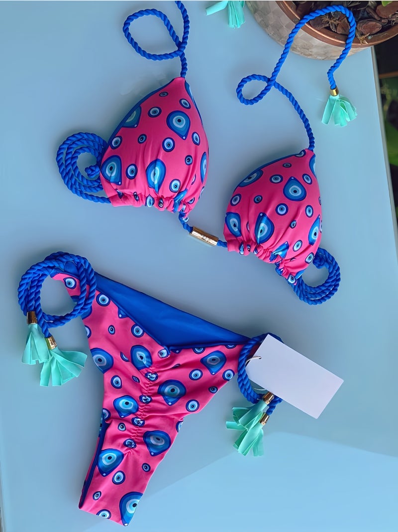 Printed Fabric Rope Bikini Triangle Swimsuit Swimwear - Image 5